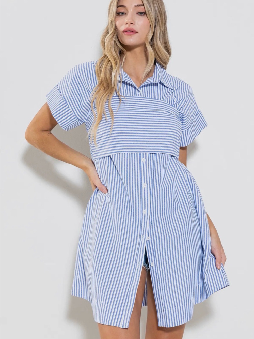 NWT: Blue Stripe Button-Front Short Sleeve Shirt Dress with Cami Combo